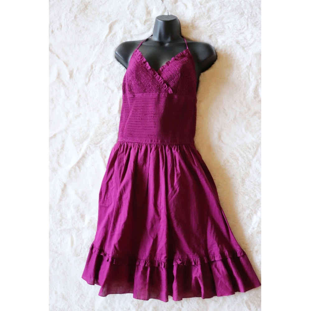 BCBG MAXAZRIA | magenta silk ruffle halter dress